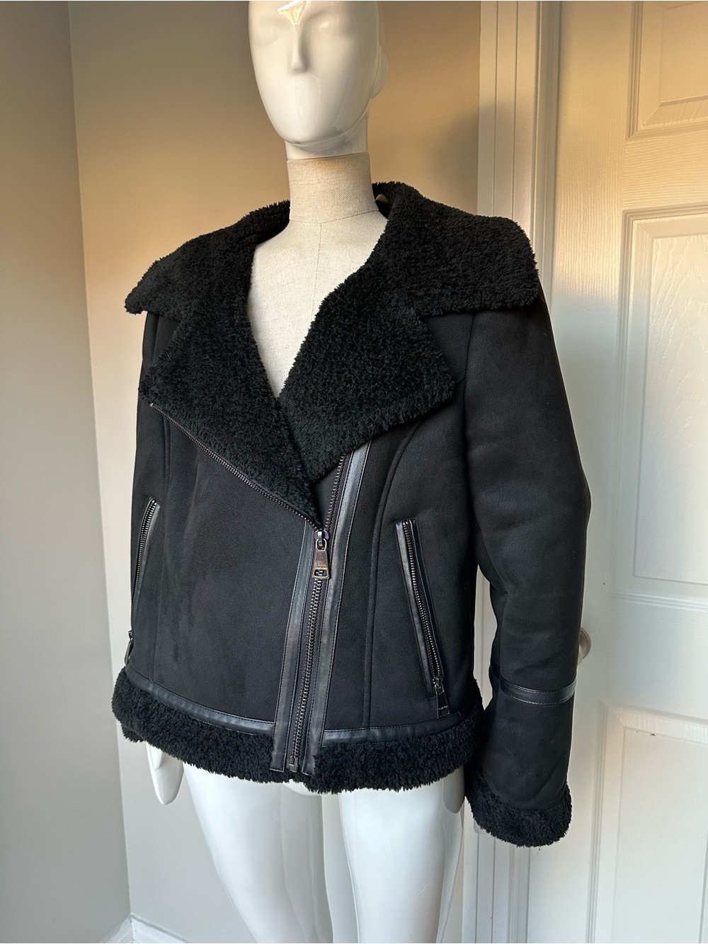 Calvin Klein Black Shearling-Lined Moto Jacket - Women